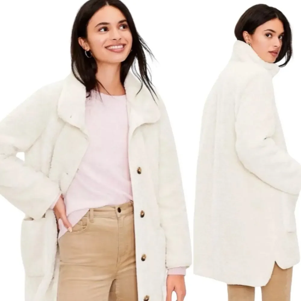 LOFT Women's Cream Button Up Sherpa Funnel Neck Jacket Size XL